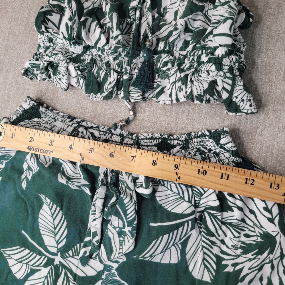 Paradise USA Shorts Set Womens S Green White Tropical Leaf Crop Top Ruffle - Picture 6 of 10